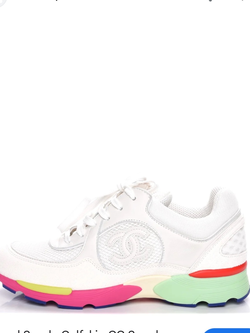 VINTAGE CHANEL White Leather & Suede CC Trainer with Pink, Green & Yellow Accent - Picture 1 of 11